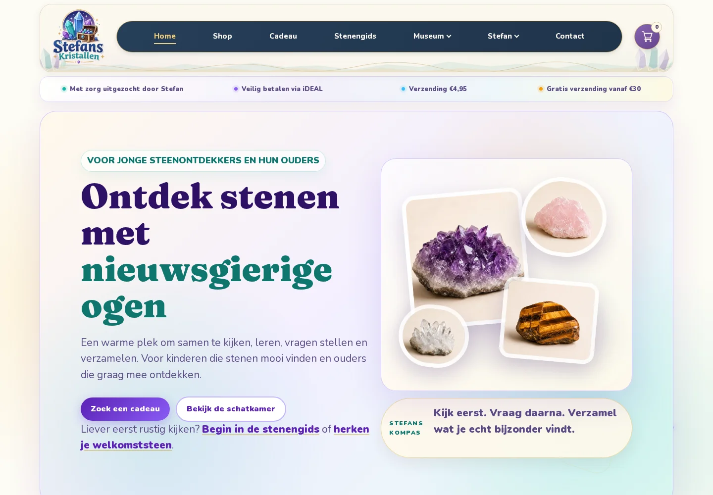 StefansKristallen.nl met kleurrijke stenen, een webshop en een stenengids